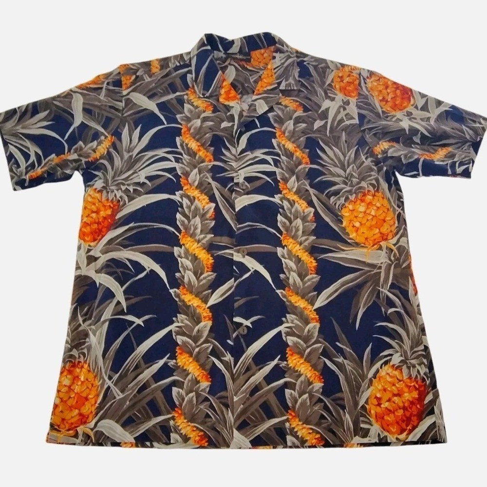 Royal Creations Mens Large Hawaiian Shirt Pineapple Lei Navy Blue Made in Hawaii